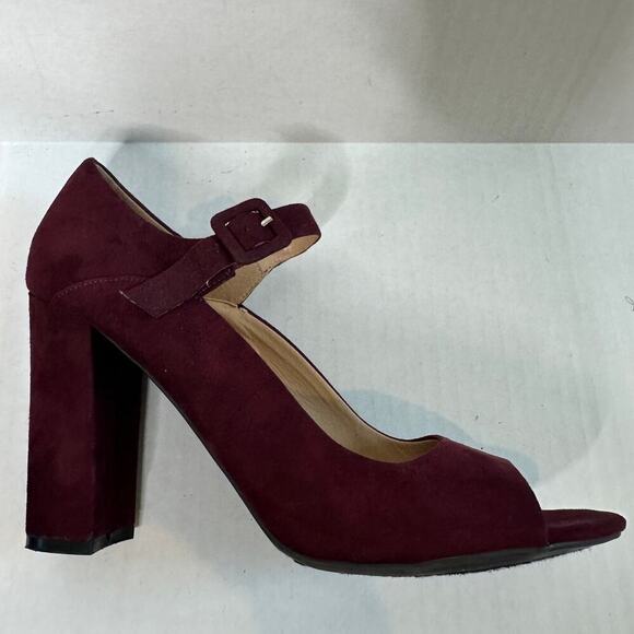 Size 10 Burgundy Red Ankle Strap Peep Toe Mary Jane Block High Heels Shoes Work - Picture 9 of 12
